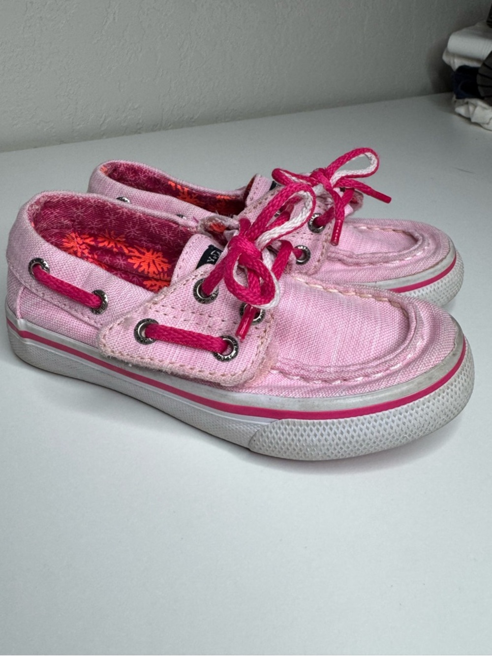 Pink Kids Sperry Canvas Boat Velcroe Shoes